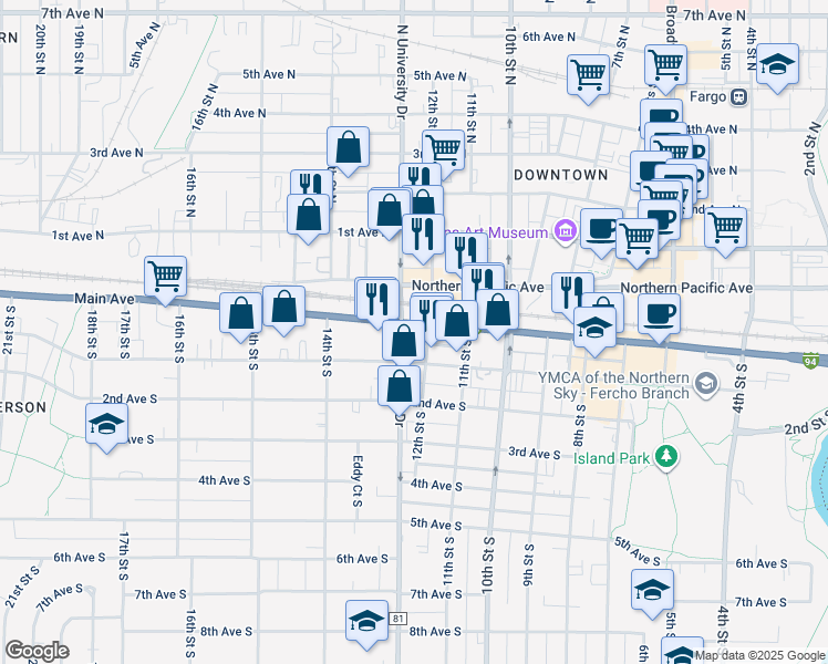map of restaurants, bars, coffee shops, grocery stores, and more near 1203 Main Avenue in Fargo