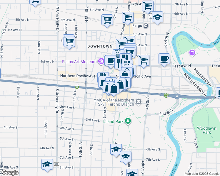 map of restaurants, bars, coffee shops, grocery stores, and more near 701 Main Avenue in Fargo