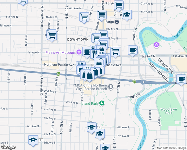 map of restaurants, bars, coffee shops, grocery stores, and more near 701 Main Avenue in Fargo