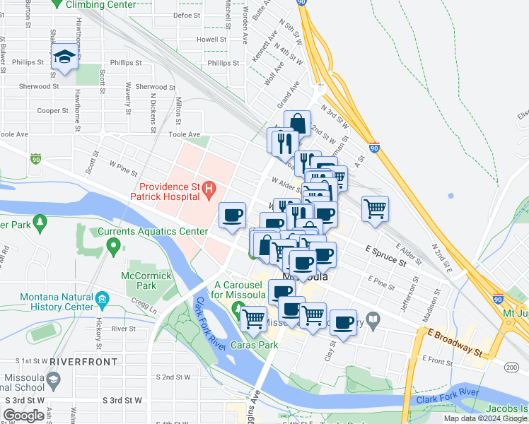 map of restaurants, bars, coffee shops, grocery stores, and more near 335 West Spruce Street in Missoula