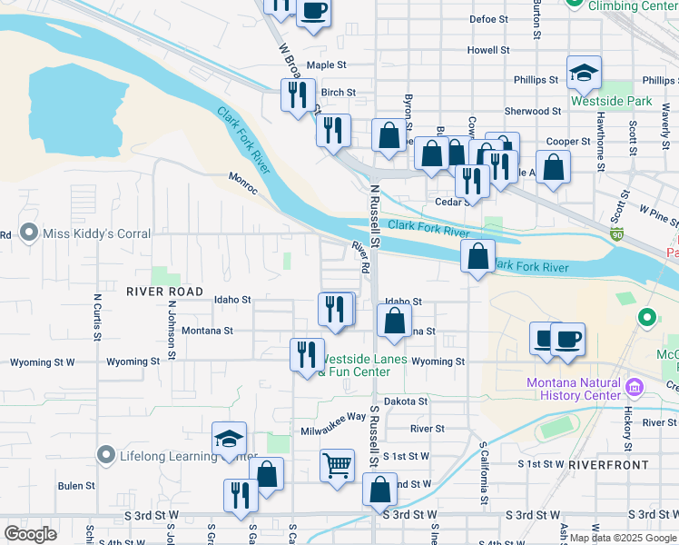 map of restaurants, bars, coffee shops, grocery stores, and more near 4 Leisure Lane in Missoula