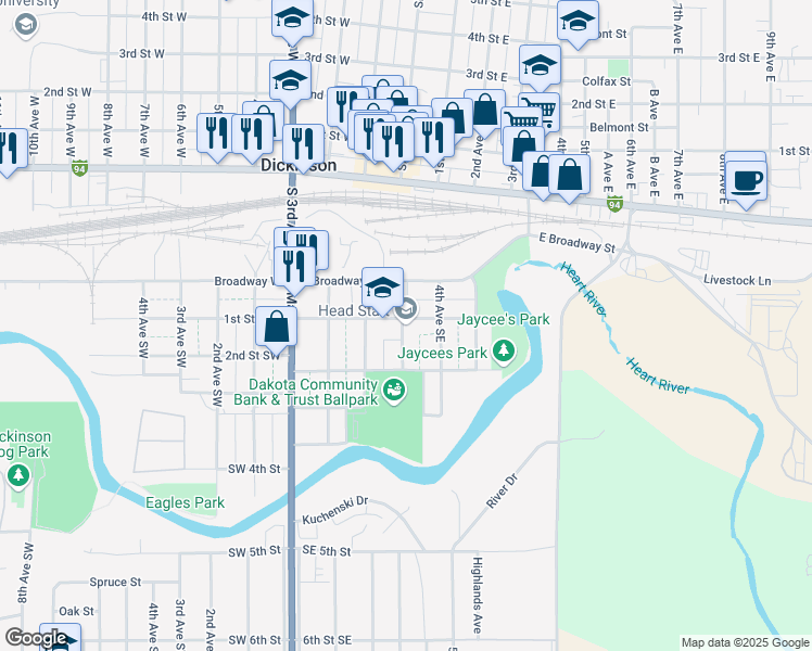 map of restaurants, bars, coffee shops, grocery stores, and more near 107 3rd Avenue Southeast in Dickinson