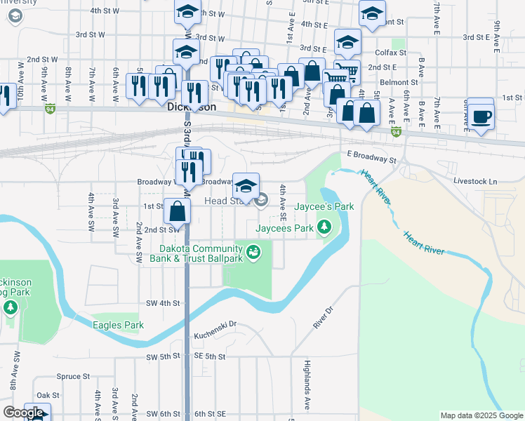 map of restaurants, bars, coffee shops, grocery stores, and more near 107 3rd Avenue Southeast in Dickinson