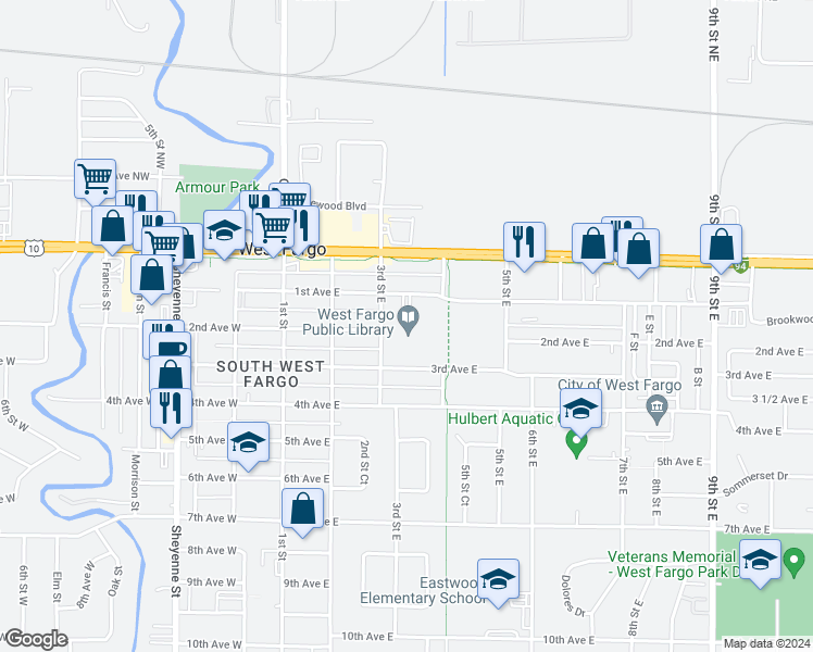 map of restaurants, bars, coffee shops, grocery stores, and more near 330 3rd Avenue East in West Fargo