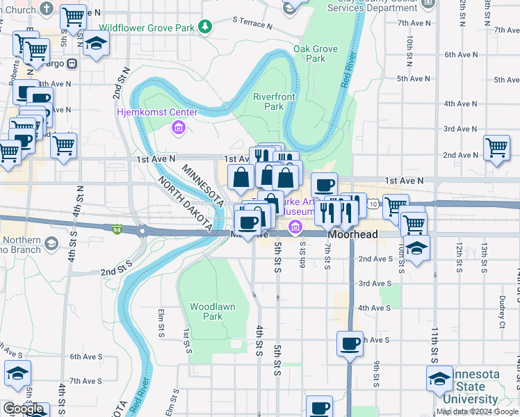 map of restaurants, bars, coffee shops, grocery stores, and more near 403 Center Avenue in Moorhead