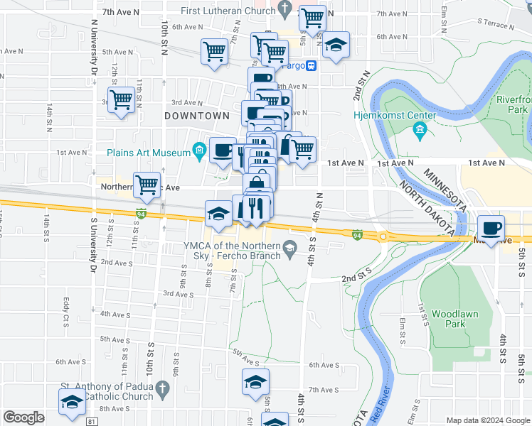 map of restaurants, bars, coffee shops, grocery stores, and more near 2 Broadway in Fargo