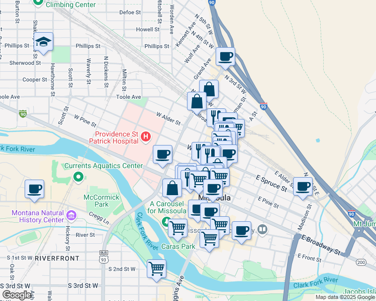 map of restaurants, bars, coffee shops, grocery stores, and more near 335 West Spruce Street in Missoula