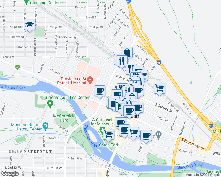 map of restaurants, bars, coffee shops, grocery stores, and more near 335 West Spruce Street in Missoula