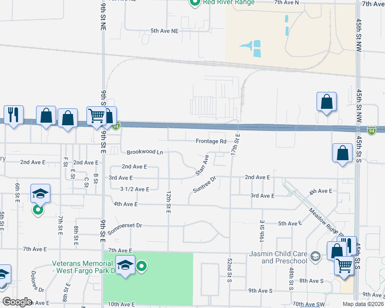 map of restaurants, bars, coffee shops, grocery stores, and more near 1214 Westly Drive in West Fargo