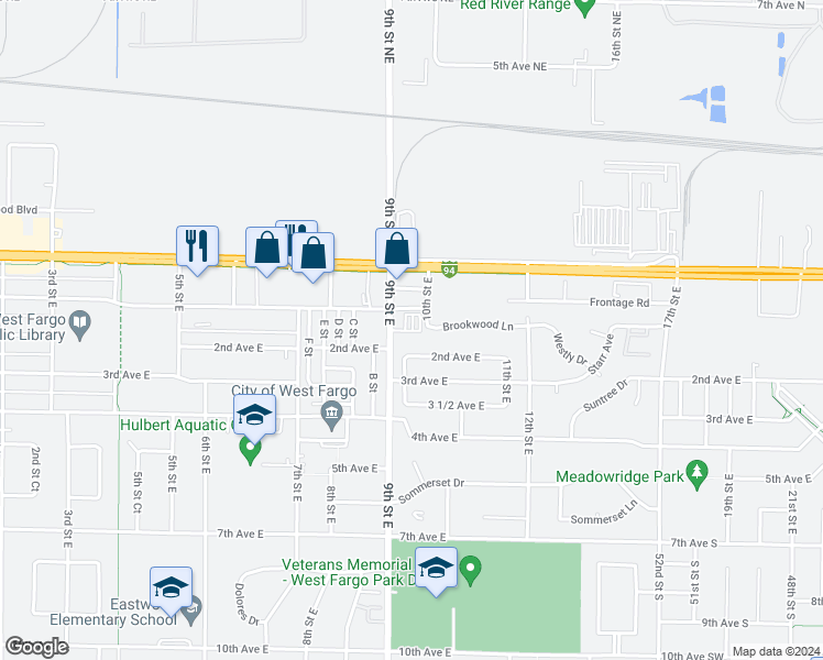 map of restaurants, bars, coffee shops, grocery stores, and more near 125 9th Street East in West Fargo