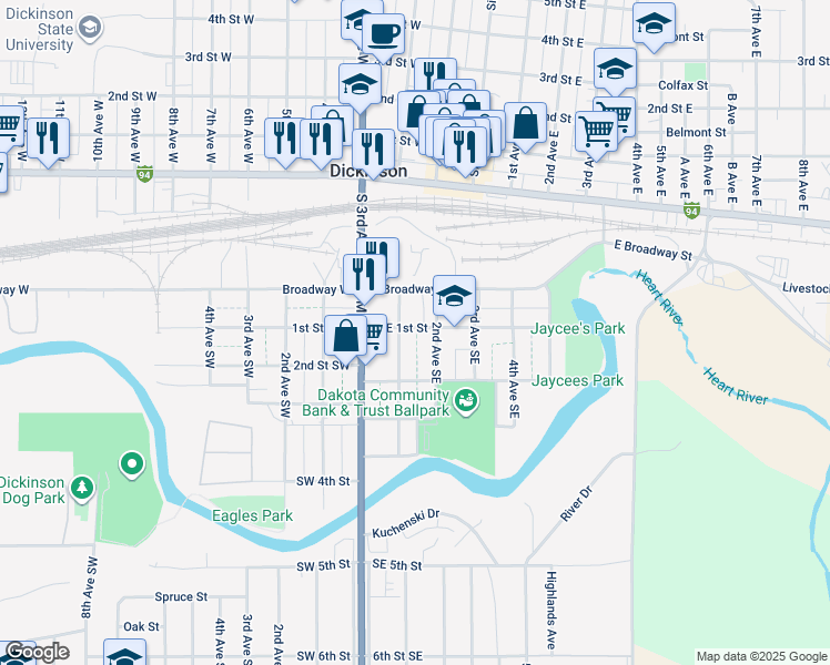 map of restaurants, bars, coffee shops, grocery stores, and more near 118 Southeast 1st Street in Dickinson