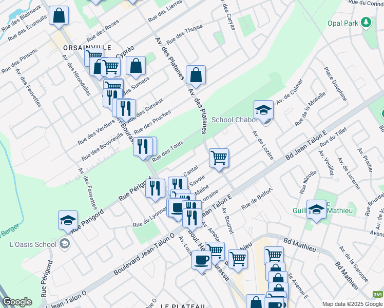 map of restaurants, bars, coffee shops, grocery stores, and more near 1280 Rue de Nice in Québec