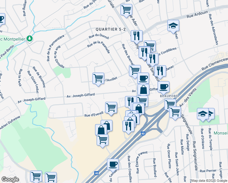 map of restaurants, bars, coffee shops, grocery stores, and more near 501 Avenue Joseph-Giffard in Québec