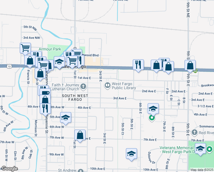 map of restaurants, bars, coffee shops, grocery stores, and more near 109 3rd Street East in West Fargo