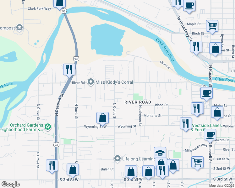 map of restaurants, bars, coffee shops, grocery stores, and more near 512 North Curtis Street in Missoula