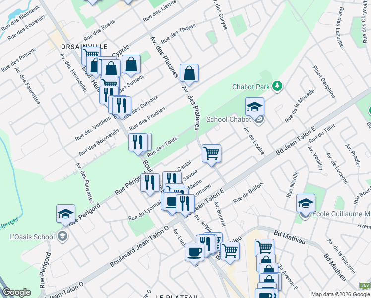 map of restaurants, bars, coffee shops, grocery stores, and more near 1280 Rue de Nice in Québec
