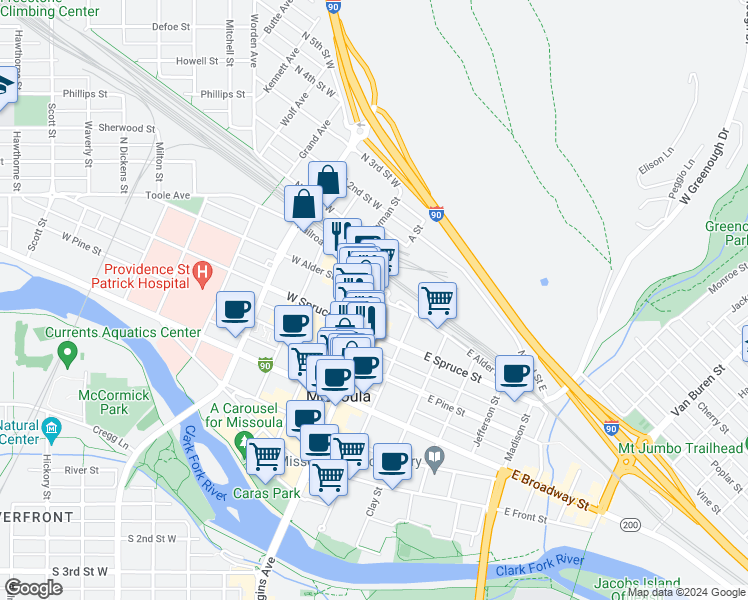 map of restaurants, bars, coffee shops, grocery stores, and more near 531n North Higgins Avenue in Missoula