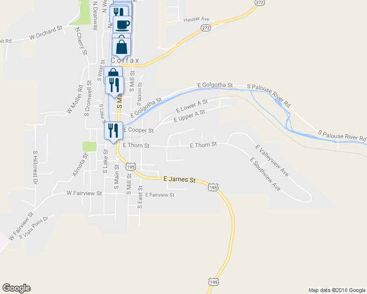 map of restaurants, bars, coffee shops, grocery stores, and more near 504 East Thorn Street in Colfax