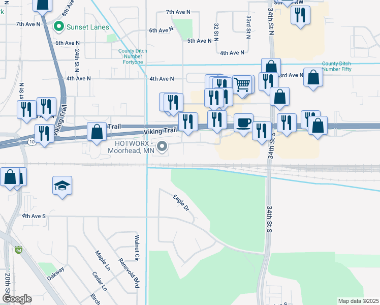 map of restaurants, bars, coffee shops, grocery stores, and more near 3027 S Frontage Rd in Moorhead