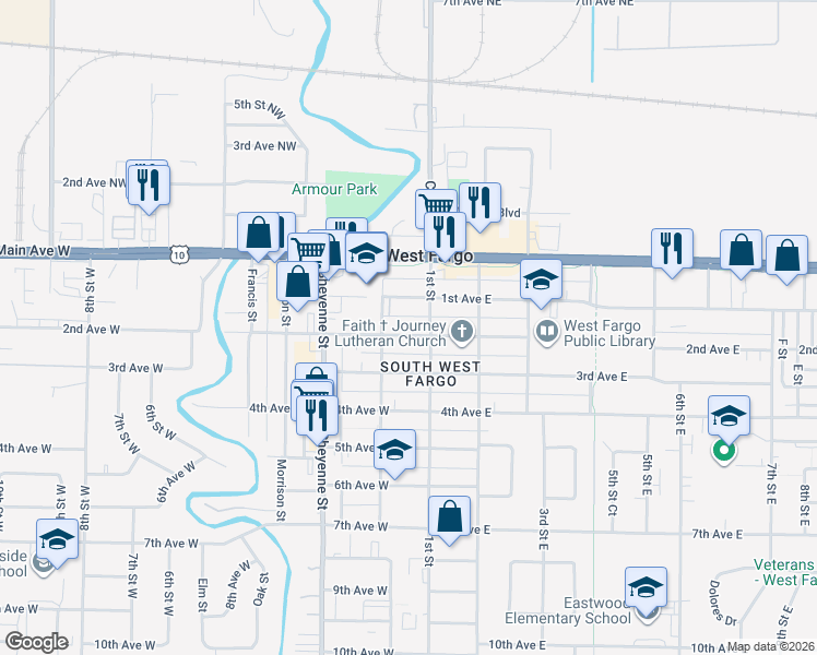 map of restaurants, bars, coffee shops, grocery stores, and more near 114 2nd Avenue West in West Fargo