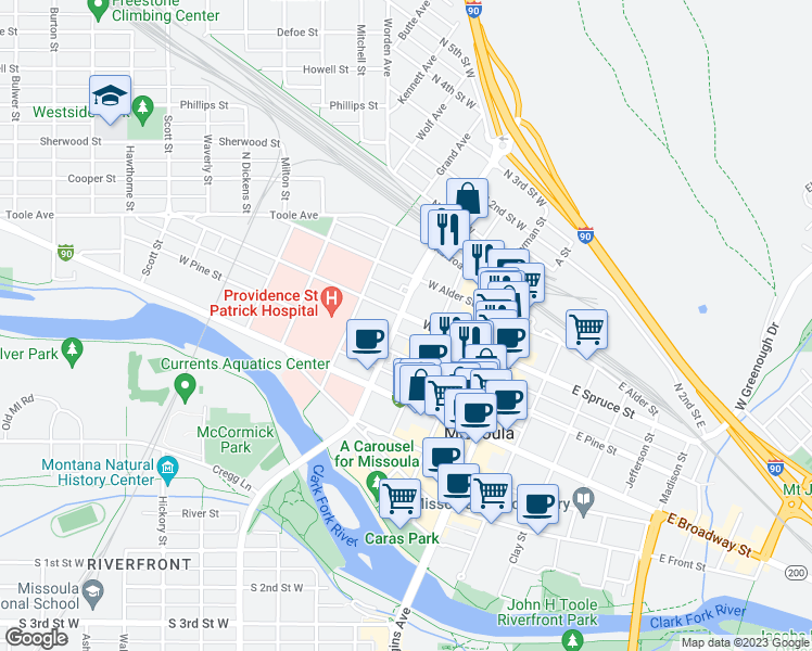 map of restaurants, bars, coffee shops, grocery stores, and more near 335 West Spruce Street in Missoula