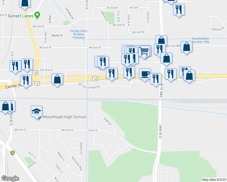 map of restaurants, bars, coffee shops, grocery stores, and more near 3027 South Frontage Road in Moorhead