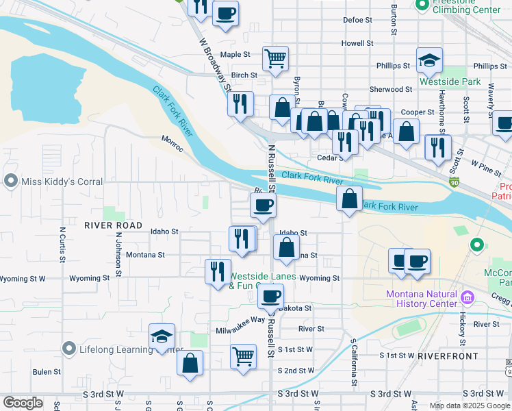 map of restaurants, bars, coffee shops, grocery stores, and more near 4 Leisure Lane in Missoula