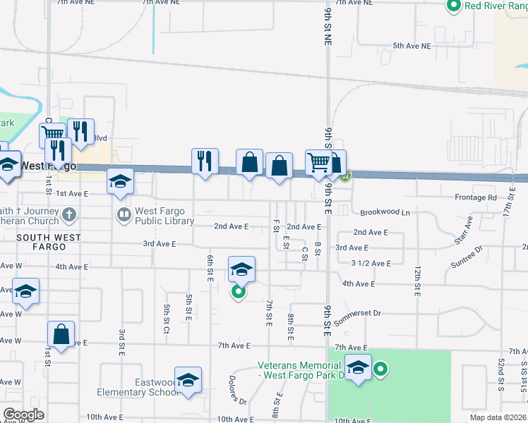 map of restaurants, bars, coffee shops, grocery stores, and more near 102 7th Street East in West Fargo
