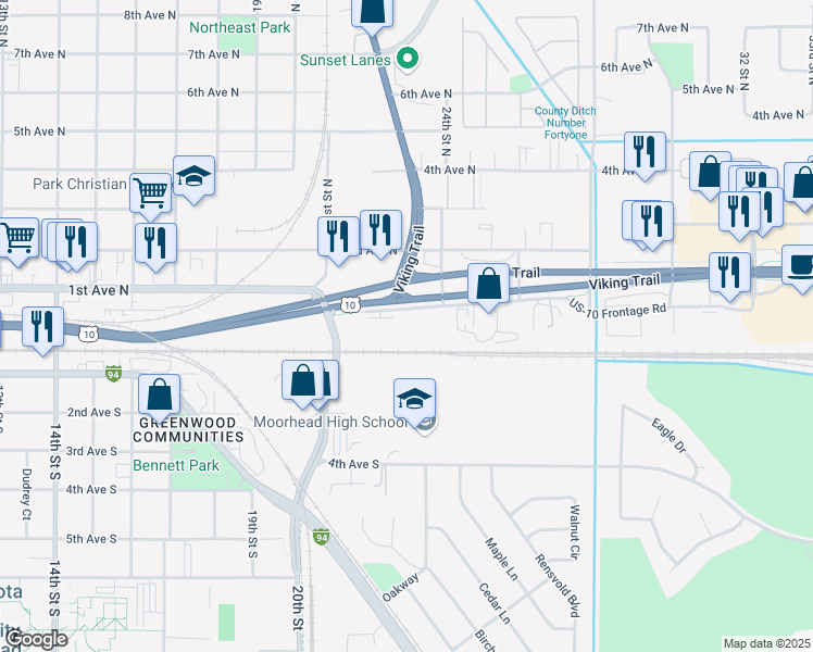 map of restaurants, bars, coffee shops, grocery stores, and more near Highway 10 East in Moorhead