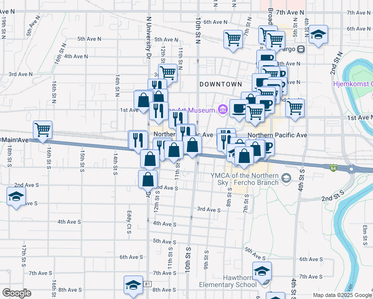 map of restaurants, bars, coffee shops, grocery stores, and more near 1015 Main Avenue in Fargo