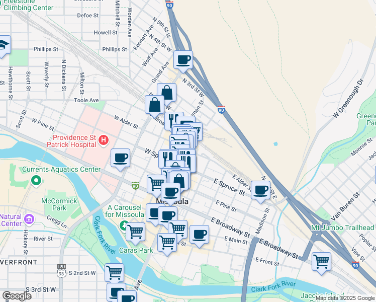map of restaurants, bars, coffee shops, grocery stores, and more near 531 North Higgins Avenue in Missoula
