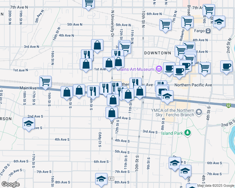 map of restaurants, bars, coffee shops, grocery stores, and more near 1203 Main Avenue in Fargo