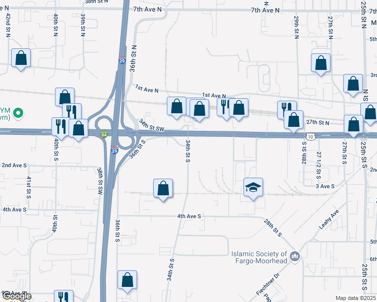 map of restaurants, bars, coffee shops, grocery stores, and more near 106 34th Street South in Fargo
