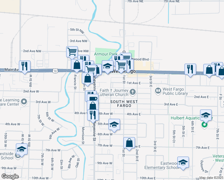 map of restaurants, bars, coffee shops, grocery stores, and more near 119 Sukuts Street in West Fargo