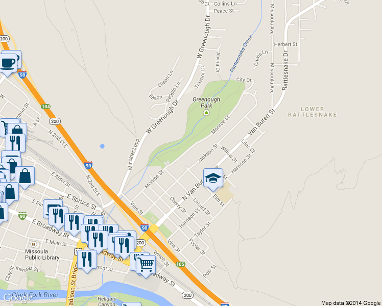 map of restaurants, bars, coffee shops, grocery stores, and more near 1140 Monroe Street in Missoula