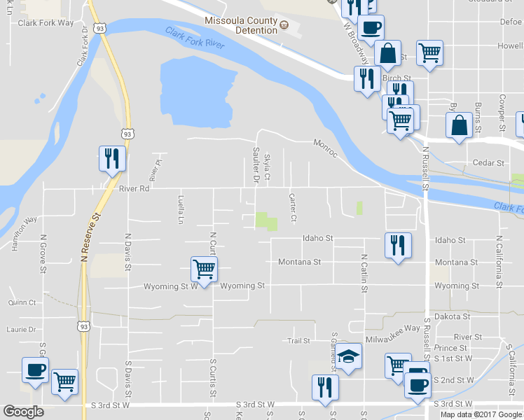 map of restaurants, bars, coffee shops, grocery stores, and more near 2011 River Road in Missoula
