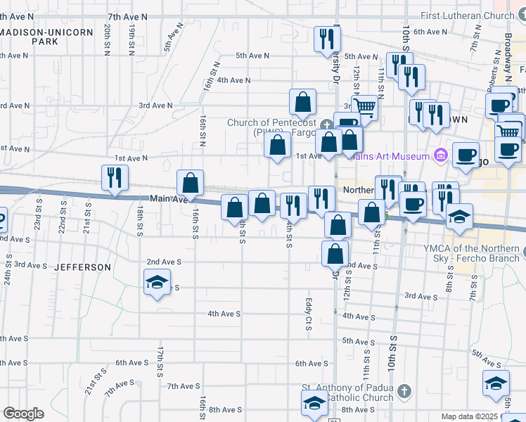 map of restaurants, bars, coffee shops, grocery stores, and more near 1430 Main Avenue in Fargo