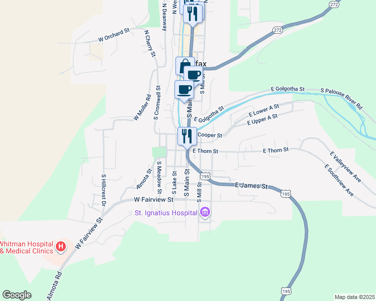 map of restaurants, bars, coffee shops, grocery stores, and more near 108 East Thorn Street in Colfax
