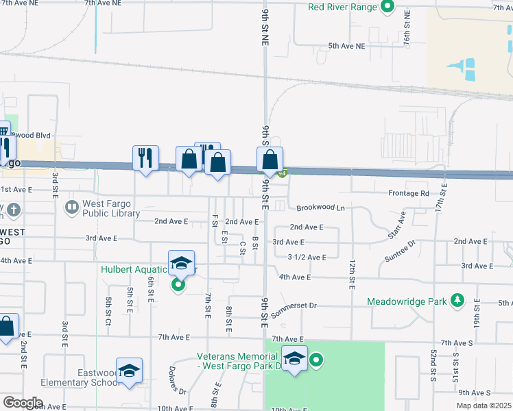 map of restaurants, bars, coffee shops, grocery stores, and more near 825 1st Ave E in West Fargo