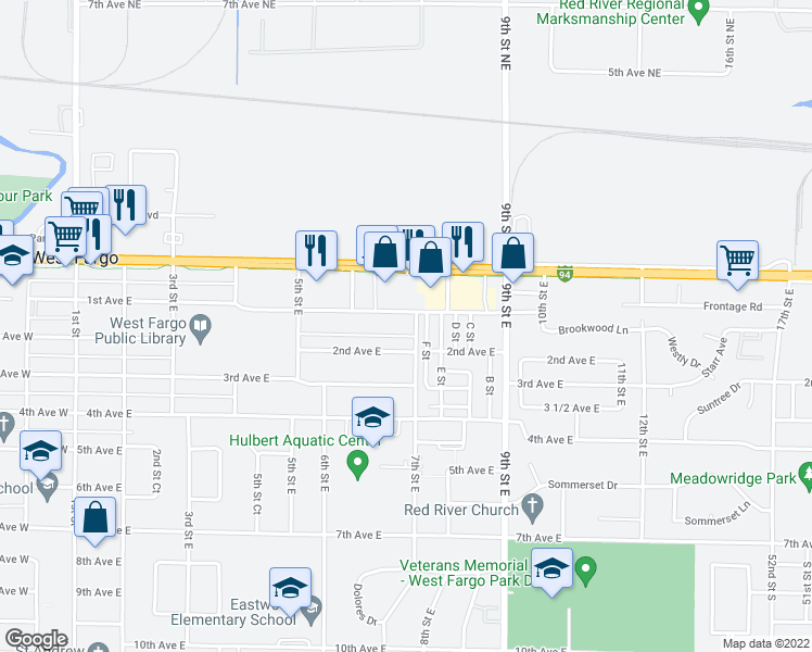 map of restaurants, bars, coffee shops, grocery stores, and more near 102 7th Street East in West Fargo