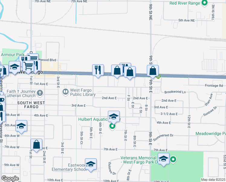 map of restaurants, bars, coffee shops, grocery stores, and more near 619 1st Avenue East in West Fargo