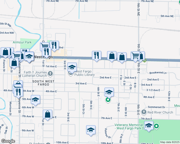 map of restaurants, bars, coffee shops, grocery stores, and more near 101 5th Street East in West Fargo