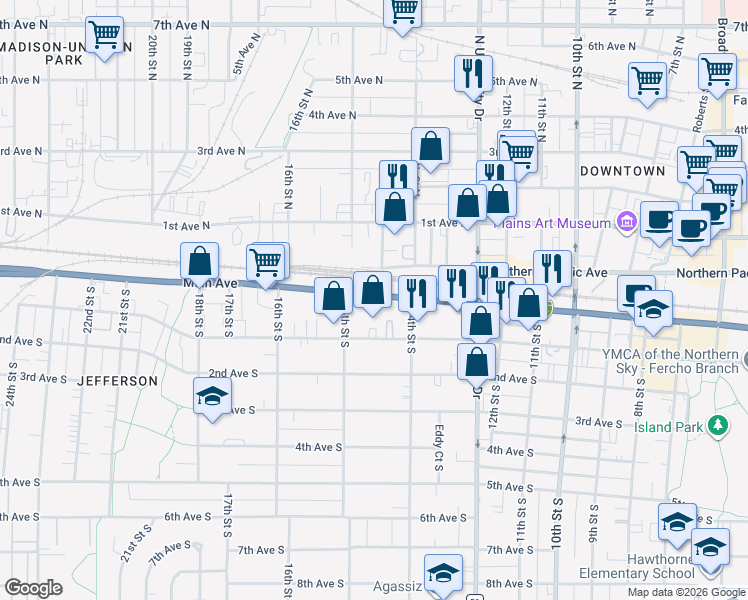 map of restaurants, bars, coffee shops, grocery stores, and more near 1430 Main Avenue in Fargo
