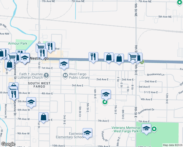 map of restaurants, bars, coffee shops, grocery stores, and more near 101 5th Street East in West Fargo
