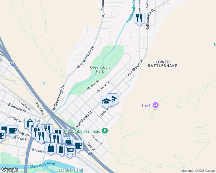 map of restaurants, bars, coffee shops, grocery stores, and more near 1224 Jackson Street in Missoula