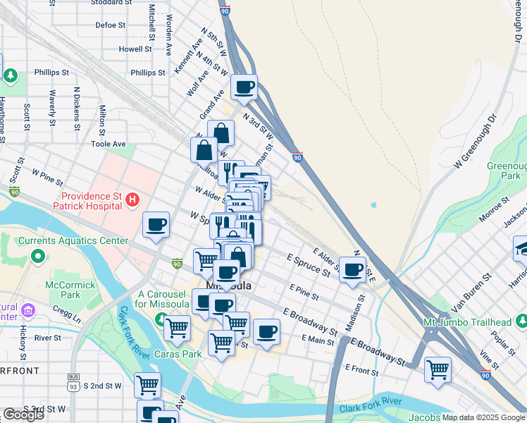 map of restaurants, bars, coffee shops, grocery stores, and more near 531 North Higgins Avenue in Missoula