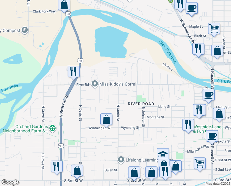 map of restaurants, bars, coffee shops, grocery stores, and more near 512 North Curtis Street in Missoula