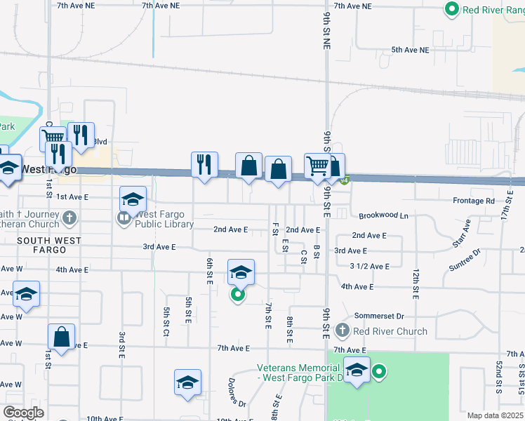 map of restaurants, bars, coffee shops, grocery stores, and more near 102 7th Street East in West Fargo