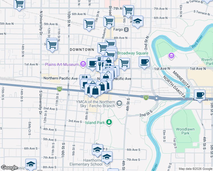 map of restaurants, bars, coffee shops, grocery stores, and more near in Fargo