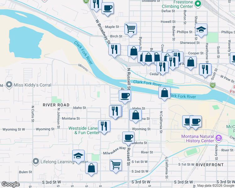 map of restaurants, bars, coffee shops, grocery stores, and more near Mobile City Trailer Park Road in Missoula